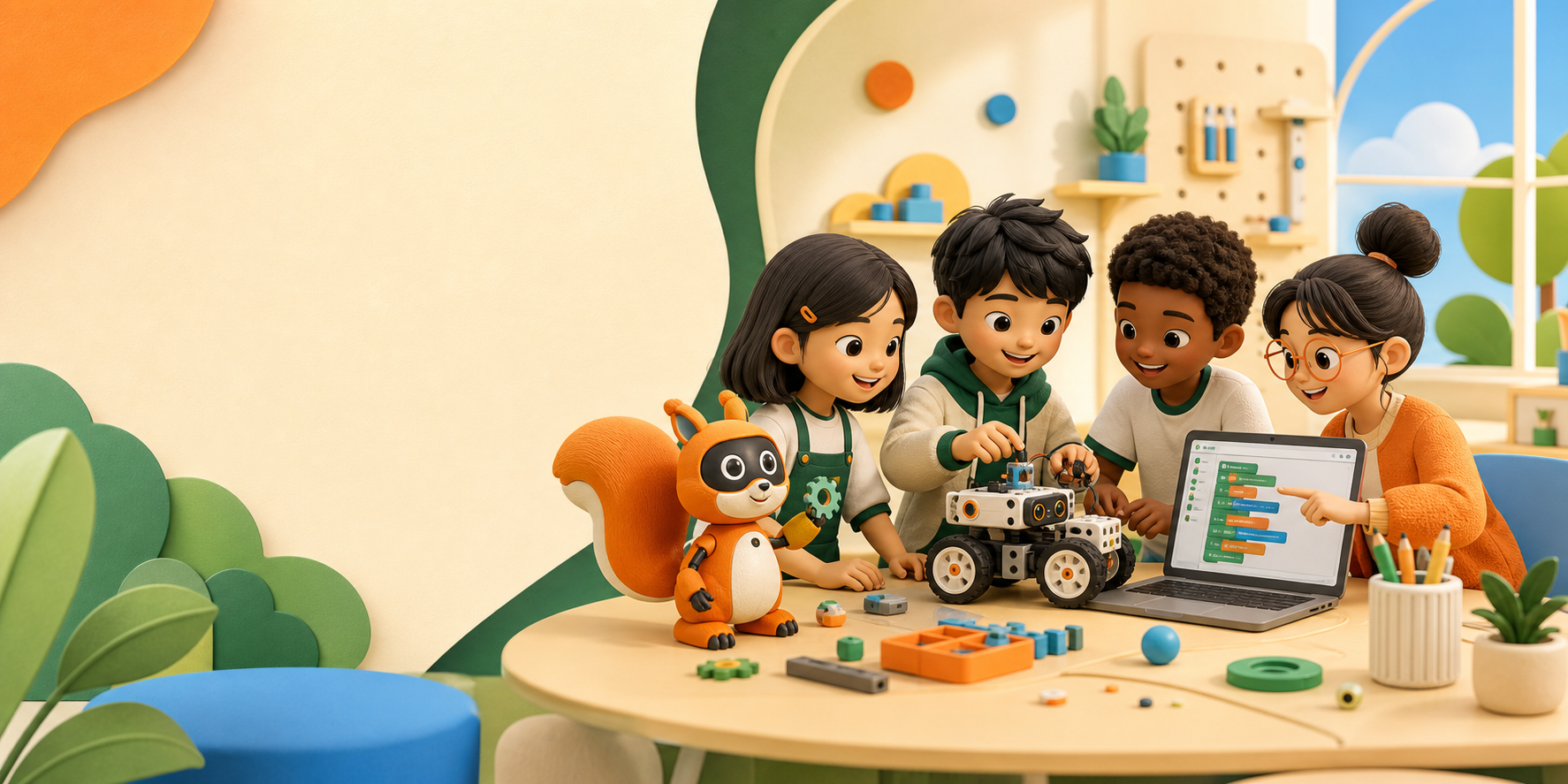 Children building and testing a robot in a bright creative studio